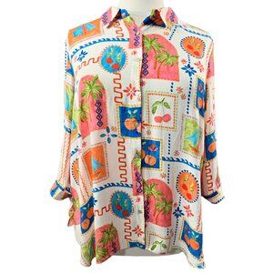 Rose & Olive NWT Multicolor Fruit Sailboat Palm Tree Button-Up Shirt Art to Wear